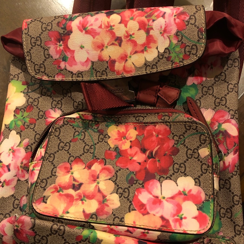 Floral Print Canvas Backpack in Brown with Pink & Red Flowers